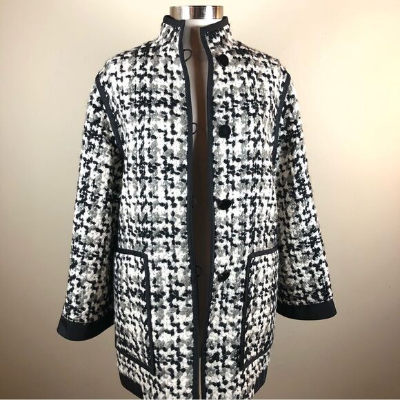 Michael Boris Check Coat Cashmere & Wool in Black & White Houndstooth Mid Length - Picture 6 of 9